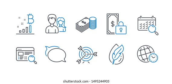 Set of Business icons, such as Target, Hypoallergenic tested, Private payment, Teamwork, Website search, Talk bubble, Savings, Bitcoin graph, Search calendar, Time zone line icons. Vector