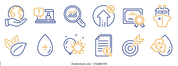 Set of Business icons, such as Target, Organic product. Certificate, save planet. Oil serum, Data analysis, Financial documents. Faq, Balloon dart, Ship. Recycle water, Loan percent line icons. Vector