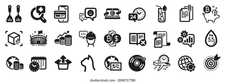 Set of Business icons, such as Target purpose, Web photo, Bitcoin exchange icons. Copywriting notebook, Online shopping, Cogwheel signs. Document attachment, Foreman, Medical analyzes. Vector