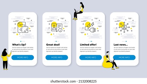 Juego de iconos de negocio, como algoritmo técnico, enchufe de electricidad, iconos de estrategia. pantallas de aplicación de la interfaz de usuario con personas. Símbolos de línea de red. Proyecto doc, Energía eléctrica, rompecabezas. Vector