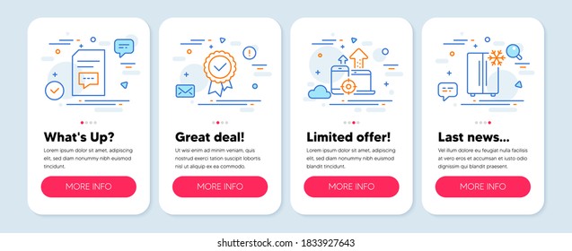 Set of Business icons, such as Tested stamp, Seo devices, Comments symbols. Mobile screen banners. Refrigerator line icons. Approved award, Mobile stats, Document with speech bubble. Vector