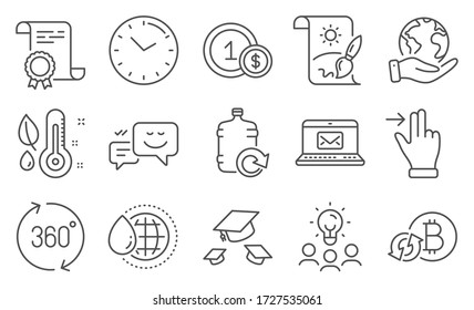 Set of Business icons, such as Throw hats, Refill water. Diploma, ideas, save planet. Usd coins, Touchscreen gesture, Happy emotion. Creative painting, Time, 360 degrees. Vector