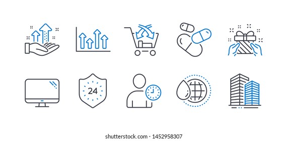 Set of Business icons, such as Time management, World water, Capsule pill, Computer, Analysis graph, 24 hours, Cross sell, Gift, Upper arrows, Skyscraper buildings line icons. Vector