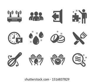 Set of Business icons, such as Time, Rainy weather, Skin condition, Group, Medical tablet, Safe water, Cooking whisk, Wifi, Sign out, Food, Safe time, Strategy classic icons. Time icon. Vector