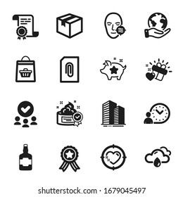 Set of Business icons, such as Time management, Skyscraper buildings. Certificate, approved group, save planet. Parcel, Attachment, Whiskey bottle. Rainy weather, Cream, Heart target. Vector