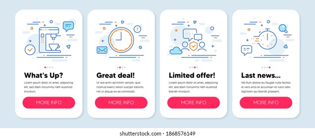 Set of Business icons, such as Time, Coffee maker, Security agency symbols. Mobile screen mockup banners. Cooking timer line icons. Office clock, Tea machine, Body guard. Stopwatch. Time icons. Vector