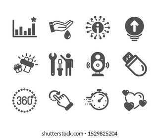 Set of Business icons, such as Timer, Gift, 360 degrees, Rotation gesture, Heart, Swipe up, Usb stick, Efficacy, Repairman, Speaker, Info, Wash hands classic icons. Timer icon. Vector