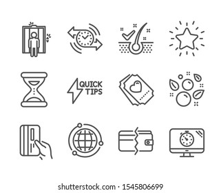 Set of Business icons, such as Timer, Love ticket, Payment methods, Elevator, Anti-dandruff flakes, Quickstart guide, Clean bubbles, Rank star, Seo timer, Payment card, Globe, Time. Timer icon. Vector