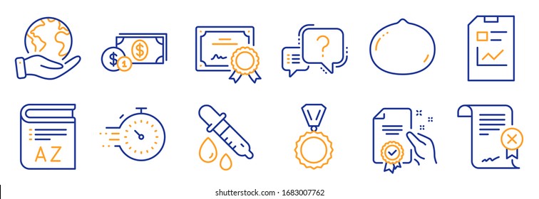 Set of Business icons, such as Timer, Reject certificate. Certificate, save planet. Report document, Question mark, Medal. Chemistry pipette, Certificate, Macadamia nut. Vector