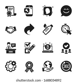 Set of Business icons, such as Timer, Head. Certificate, approved group, save planet. 360 degrees, Water bottle, Phone repair. Exhibitors, Smile chat, Bitcoin. Vector