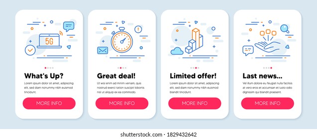 Set of Business icons, such as Timer, 5g notebook, 3d chart symbols. Mobile screen banners. Consolidation line icons. Stopwatch gadget, Wireless laptop, Presentation column. Strategy. Vector