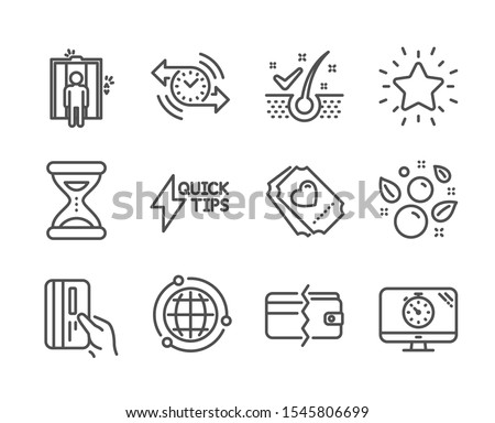 Set of Business icons, such as Timer, Love ticket, Payment methods, Elevator, Anti-dandruff flakes, Quickstart guide, Clean bubbles, Rank star, Seo timer, Payment card, Globe, Time. Timer icon. Vector