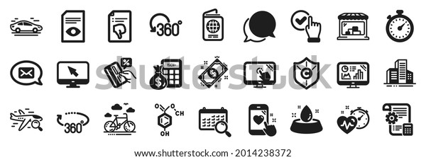 Set of Business icons, such as Timer, View
document, Credit card icons. Cardio training, Passport, Payment
signs. Search flight, Full rotation, Car. Search calendar, Chemical
formula. Vector