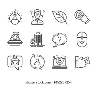 Set of Business icons, such as Touchscreen gesture, Employees talk, Scroll down, Chemistry experiment, Leaf, Support consultant, Coffee, Skyscraper buildings, User info, Question mark. Vector