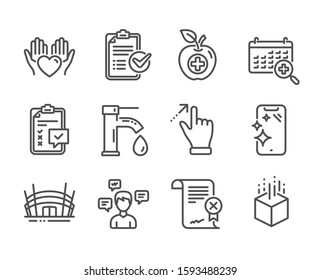 Set of Business icons, such as Touchscreen gesture, Medical food, Checklist, Reject certificate, Arena stadium, Conversation messages, Survey checklist, Hold heart, Tap water line icons. Vector