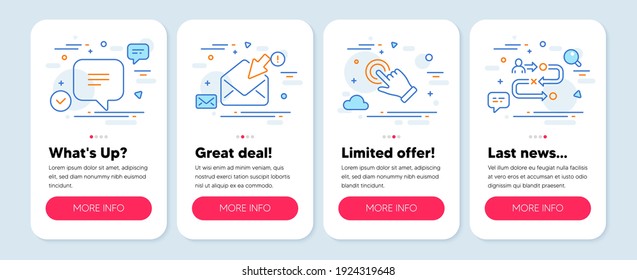 Set of Business icons, such as Touchscreen gesture, Text message, Open mail symbols. Mobile screen banners. Journey path line icons. Click hand, Chat bubble, View e-mail. Project process. Vector