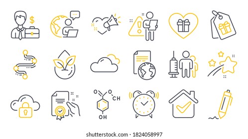 Set of Business icons, such as Translation service, Certificate, Cloud protection symbols. Cloudy weather, Organic product, Medical vaccination signs. Timeline, Alarm clock, Love message. Vector