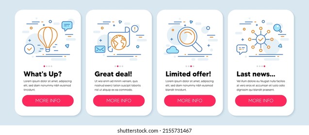 Set of Business icons, such as Translation service, Air balloon, Search symbols. Mobile app mockup banners. Survey check line icons. Business document, Flight travel, Magnifying glass. Vector