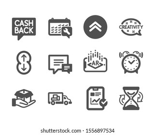 Set of Business icons, such as Truck transport, Alarm clock, Augmented reality, Spanner, Scroll down, Comment, Hold box, Money transfer, Report checklist, Creativity, Swipe up, Hourglass. Vector