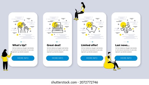 Set Of Business Icons, Such As Typewriter, Voting Hands, Piggy Bank Icons. UI Phone App Screens With People. Teamwork Line Symbols. Writer Machine, Candidate Vote, Dollar Money. Remote Work. Vector