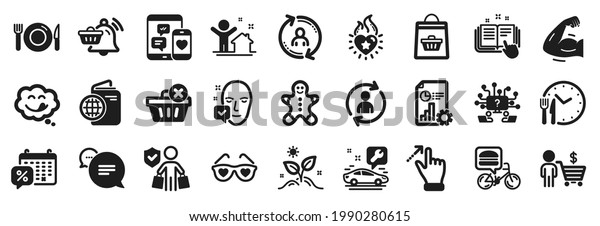 Set of Business icons, such as User info, Delete\
purchase, Buyer icons. Strong arm, Report, Travel passport signs.\
Person info, Online buying, Heart flame. Face accepted, Grow plant,\
Food. Vector