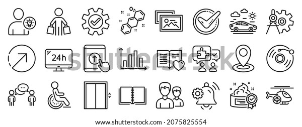 Set of Business icons, such as User idea,\
Confirmed, Book icons. Notification bell, Diagram graph, Direction\
signs. Cream, Couple, Vinyl record. Consulting business, Location,\
24h service. Vector