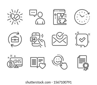 Set of Business icons, such as Users chat, 24h service, Coffee maker, Confirmed, Certificate, Human resources, Love book, Smile, Approved mail, Time change, Bitcoin system, Medical drugs. Vector