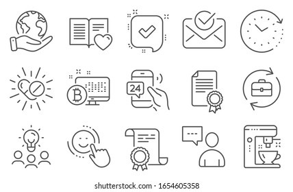 Set of Business icons, such as Users chat, 24h service. Diploma, ideas, save planet. Coffee maker, Confirmed, Certificate. Human resources, Love book, Smile. Vector