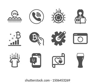 Set of Business icons, such as Uv protection, Woman read, Dry t-shirt, Gear, Smile, Cogwheel, Call center, Bitcoin pay, Love letter, Beer glass, Bitcoin graph, Recovery internet. Vector