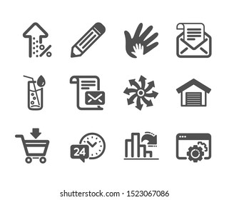 Set of Business icons, such as Versatile, Increasing percent, Water glass, Online market, Social responsibility, Mail letter, Mail newsletter, Parking garage, Seo gear, Pencil, 24h service. Vector