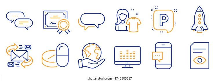 Set of Business icons, such as View document, Smartphone message. Certificate, save planet. E-mail, Parking, Music making. Clean shirt, Medical drugs, Messenger. Vector