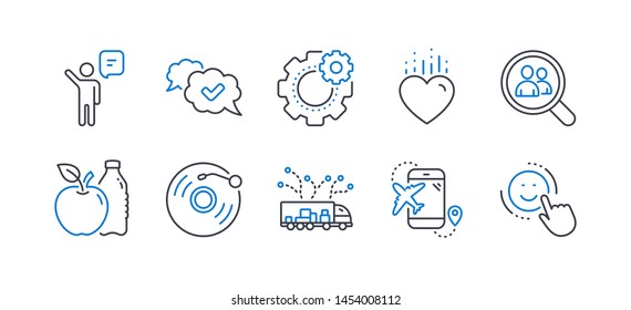 Set of Business icons, such as Vinyl record, Apple, Flight destination, Heart, Approved, Truck delivery, Cogwheel, Search employees, Agent, Smile line icons. Retro music, Diet food. Vector