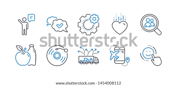 Set of
Business icons, such as Vinyl record, Apple, Flight destination,
Heart, Approved, Truck delivery, Cogwheel, Search employees, Agent,
Smile line icons. Retro music, Diet food.
Vector