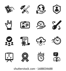 Set of Business icons, such as Vision board, Identification card. Certificate, approved group, save planet. Thunderstorm weather, Hammer tool, Fast delivery. Vector