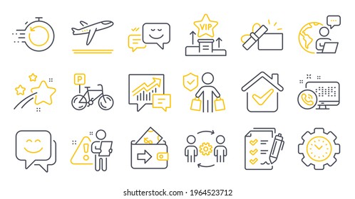 Set of Business icons, such as Wallet, Survey checklist, Vip podium symbols. Engineering team, Time management, Fast recovery signs. Accounting, Smile face, Opened gift. Web call. Vector