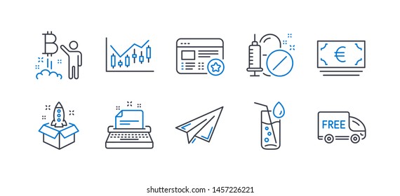 Set of Business icons, such as Water glass, Startup, Paper plane, Favorite, Bitcoin project, Typewriter, Euro currency, Medical drugs, Financial diagram, Free delivery line icons. Vector