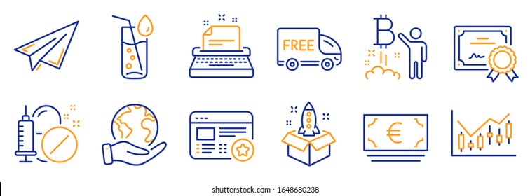 Set of Business icons, such as Water glass, Startup. Certificate, save planet. Paper plane, Favorite, Bitcoin project. Typewriter, Euro currency, Medical drugs. Vector