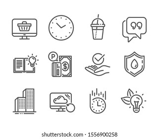 Conjunto de iconos de negocio, como tienda web, Tiempo, burbuja de cotizaciones, pago de estacionamiento, conocimiento del producto, nube de recuperación, entrega rápida, aprobada, donación de sangre, edificios rascacielos, energía ecológica. Vector