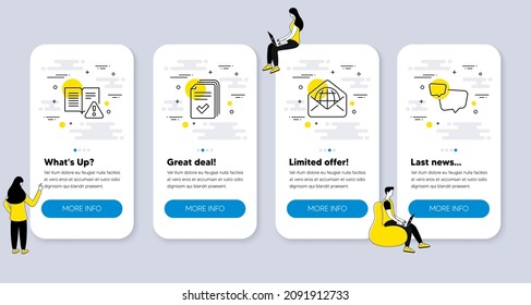 Set of Business icons, such as Web mail, Handout, Instruction manual icons. UI phone app screens with people. Speech bubble line symbols. Vector