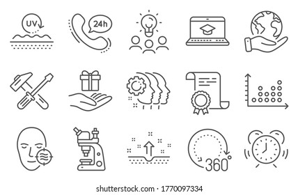 Conjunto de iconos de negocios, como educación en sitios web, protección Uv. Diploma, ideas, salvar el planeta. Gestión del tiempo, Microscopio, Programa de Lealtad. Piel de problemas, servicio las 24 horas, trama de puntos. Vector