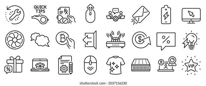 Set of Business icons, such as Wifi, Swipe up, Recovery tool icons. Discount message, E-mail, Bitcoin pay signs. Scroll down, Prescription drugs, Online delivery. Messenger, Documentation. Vector