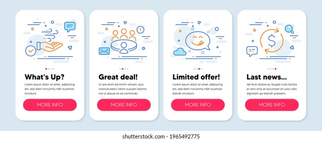 Set of Business icons, such as Wind energy, Meeting, Yummy smile symbols. Mobile screen banners. Dollar exchange line icons. Breeze power, Human resource, Emoticon. Banking rates. Vector