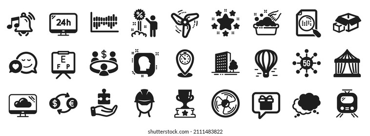 Set of Business icons, such as Wind energy, Stars, Column diagram icons. 24h service, Cloud storage, Buildings signs. 5g technology, Meeting, Alarm sound. Air fan, Winner cup, Wish list. Vector