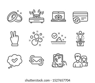 Set of Business icons, such as Winner podium, Wifi, Prescription drugs, Change card, Wedding rings, Skin care, Refresh mail, Approved, Online delivery, Clean bubbles, Teamwork line icons. Vector