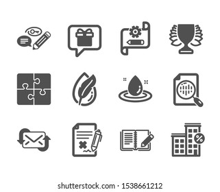Set of Business icons, such as Winner, Fuel energy, Analytics chart, Wish list, Feedback, Loan house, Cogwheel blueprint, Puzzle, Reject file, Refresh mail, Keywords, Hypoallergenic tested. Vector