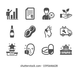 Set of Business icons, such as Winner podium, Car service, Face attention, Graph chart, Circus, Helping hand, Remove account, Medical drugs, Brand ambassador, Attachment, Peanut. Vector