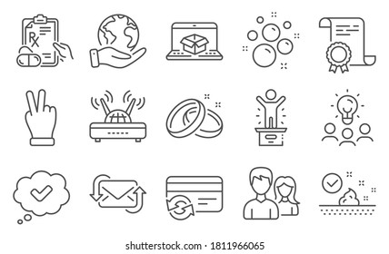 Set of Business icons, such as Winner podium, Wifi. Diploma, ideas, save planet. Prescription drugs, Change card, Wedding rings. Skin care, Refresh mail, Approved. Vector