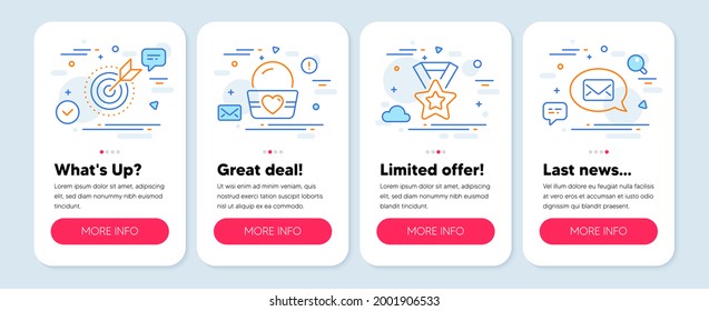 Set of Business icons, such as Winner ribbon, Ice cream, Target purpose symbols. Mobile screen mockup banners. Messenger line icons. Best award, Sundae cup, Business focus. New message. Vector