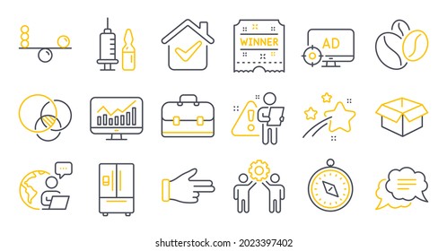 Set of Business icons, such as Winner ticket, Refrigerator, Employees teamwork symbols. Euler diagram, Text message, Coffee beans signs. Balance, Medical vaccination, Seo adblock. Vector