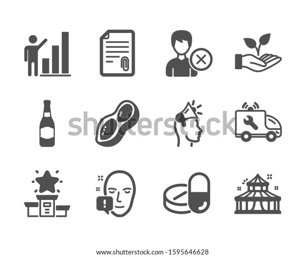 Set of Business icons, such as Winner podium, Car\
service, Face attention, Graph chart, Circus, Helping hand, Remove\
account, Medical drugs, Brand ambassador, Attachment, Peanut.\
Vector
